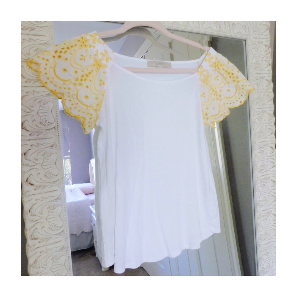 LOFT Yellow and White Lace T-Shirt